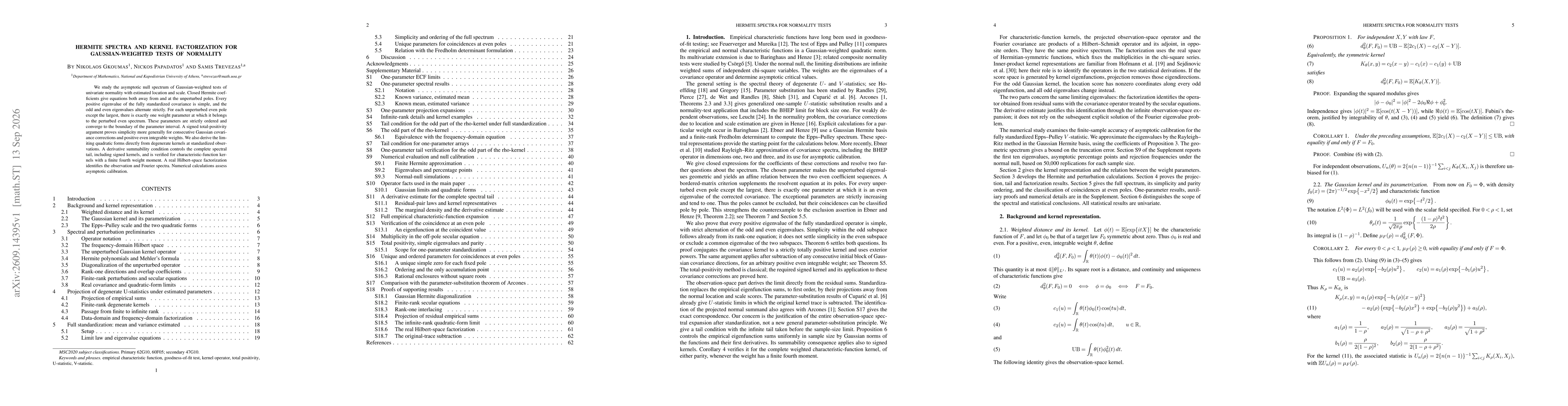 Thumbnail for Hermite Spectra and Kernel Factorization for Gaussian-Weighted Tests of Normality