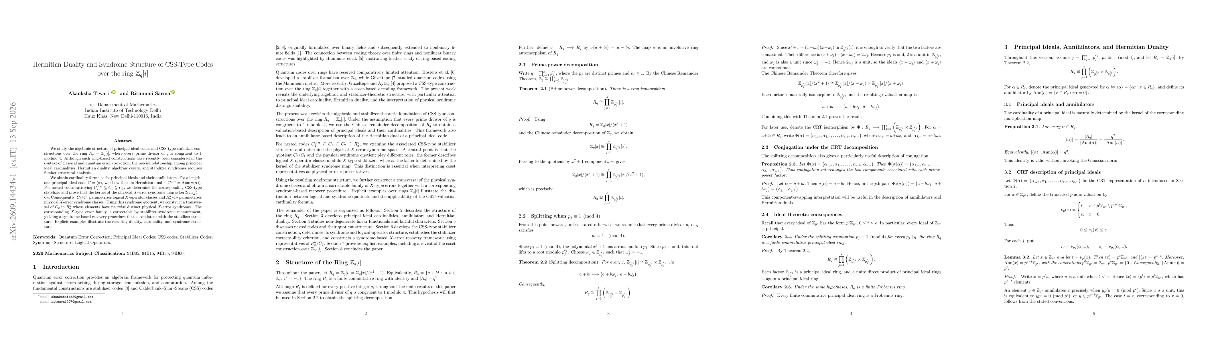 Thumbnail for Hermitian Duality and Syndrome Structure of CSS-Type Codes over the ring $\mathbb{Z}_q[i]$