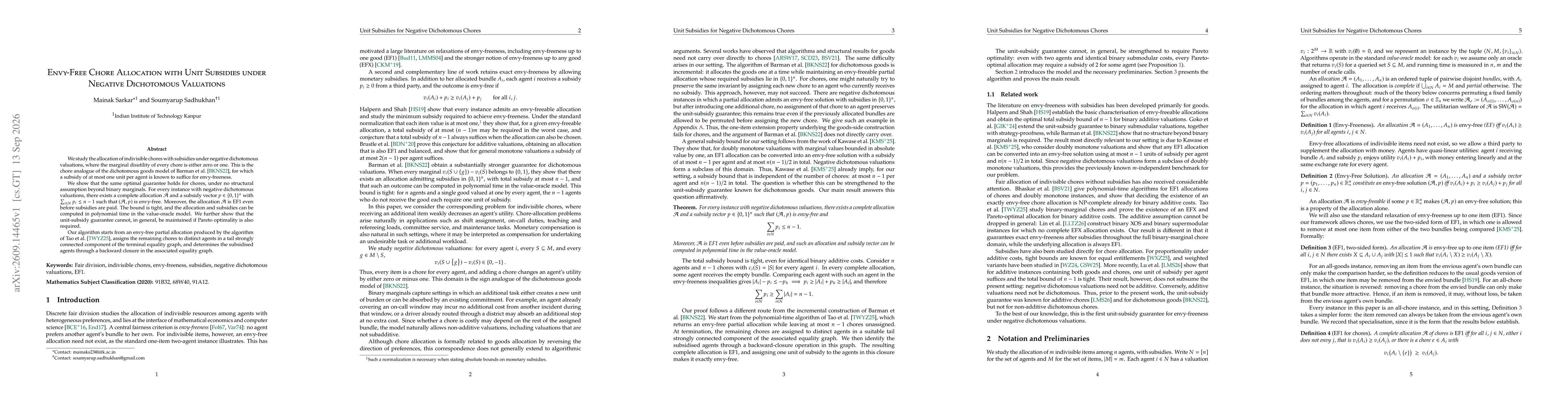 Thumbnail for Envy-Free Chore Allocation with Unit Subsidies under Negative Dichotomous Valuations