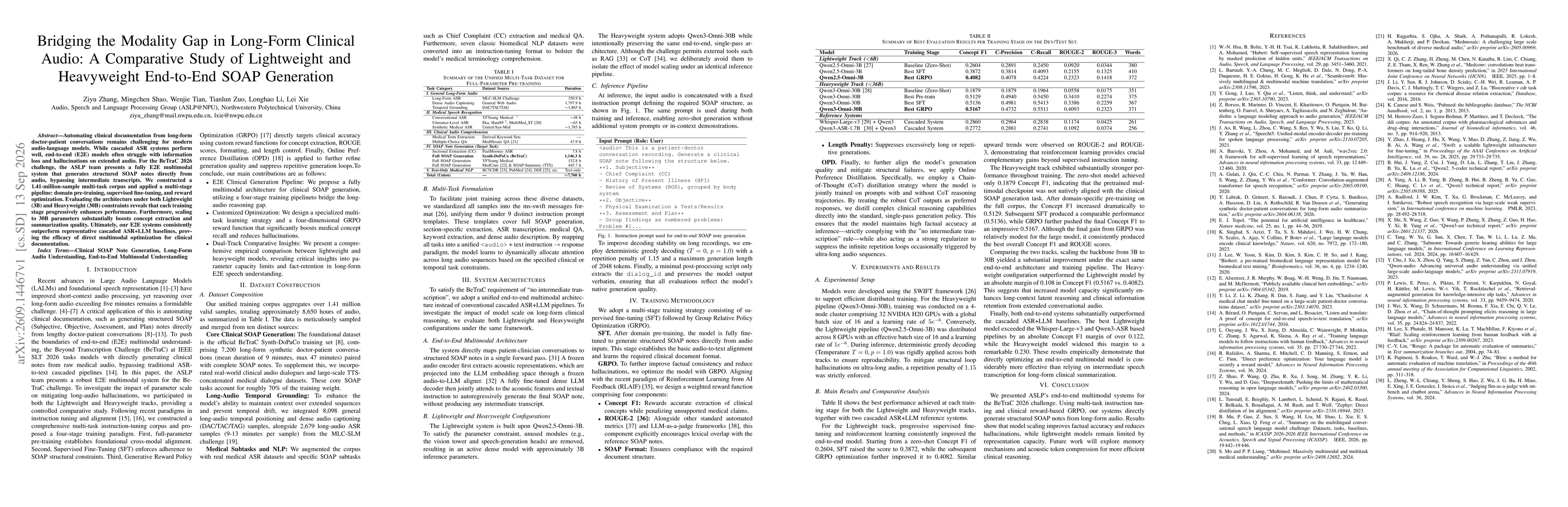 Thumbnail for Bridging the Modality Gap in Long-Form Clinical Audio: A Comparative Study of Lightweight and Heavyweight End-to-End SOAP Generation