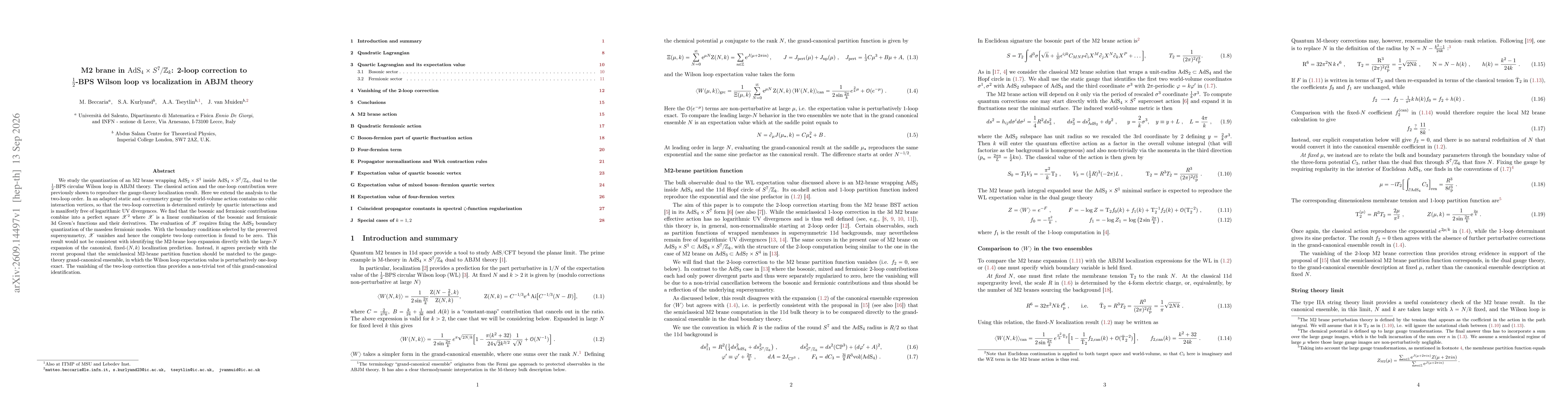 Thumbnail for M2 brane in AdS$_4\times S^7/\mathbb Z_k$: 2-loop correction to $\frac{1}{2}$-BPS Wilson loop vs localization in ABJM theory