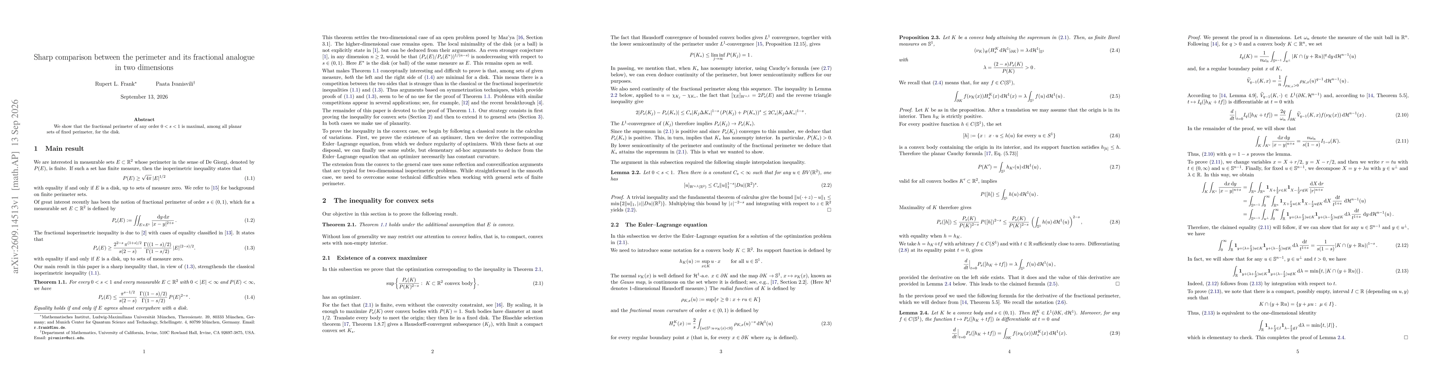 Thumbnail for Sharp comparison between the perimeter and its fractional analogue in two dimensions