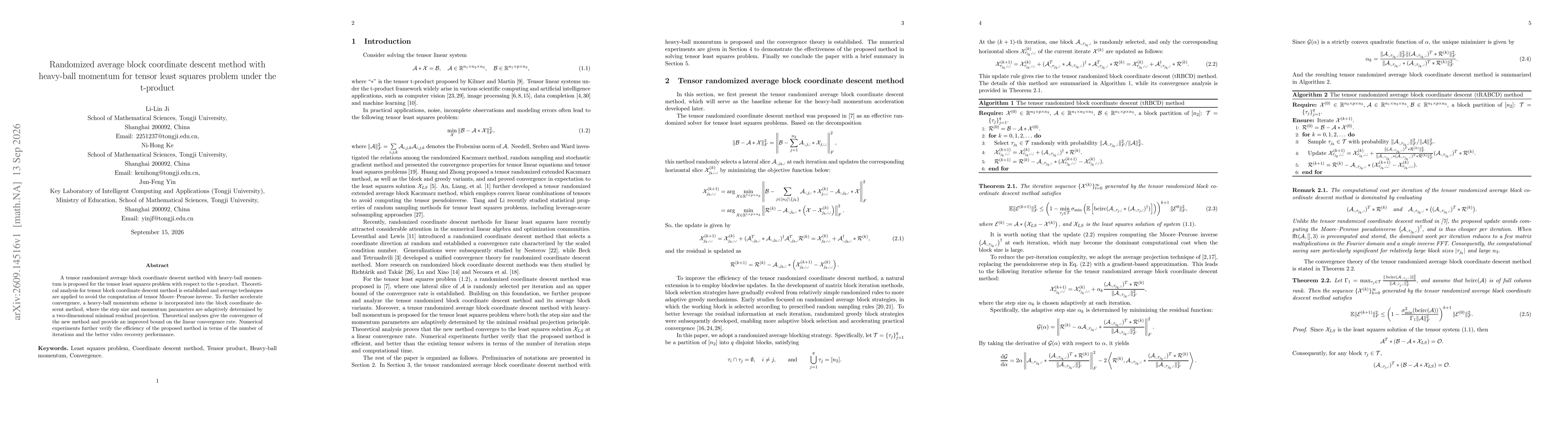 Thumbnail for Randomized average block coordinate descent method with heavy-ball momentum for tensor least squares problem under the t-product