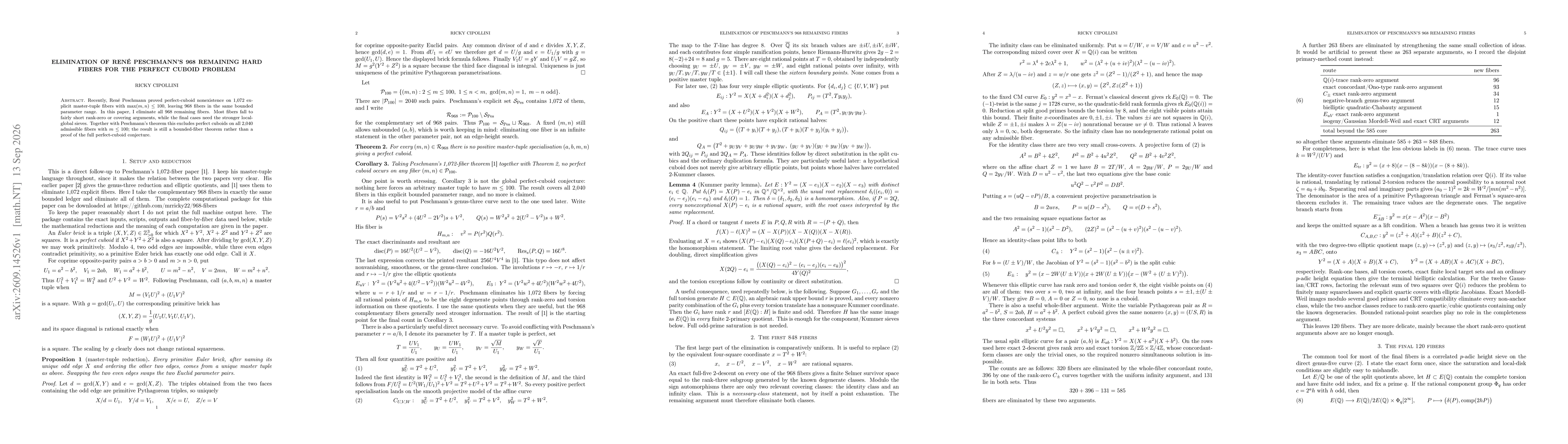 Thumbnail for Elimination of René Peschmann's 968 Remaining Hard Fibers for the Perfect Cuboid Problem