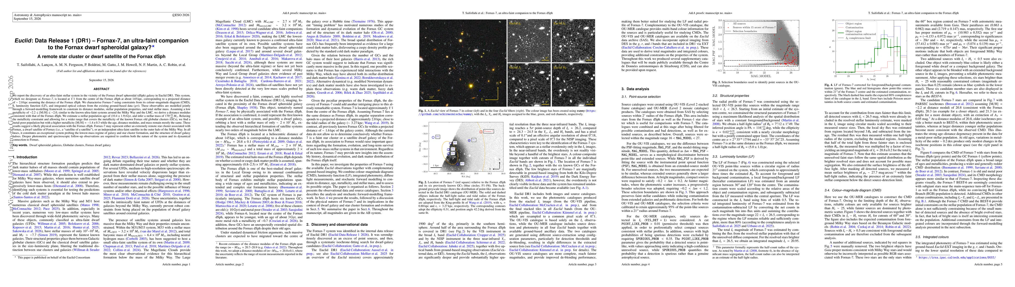 Thumbnail for Euclid: Data Release 1 (DR1) -- Fornax-7, an ultra-faint companion to the Fornax dwarf spheroidal galaxy? A remote star cluster or dwarf satellite of the Fornax dSph
