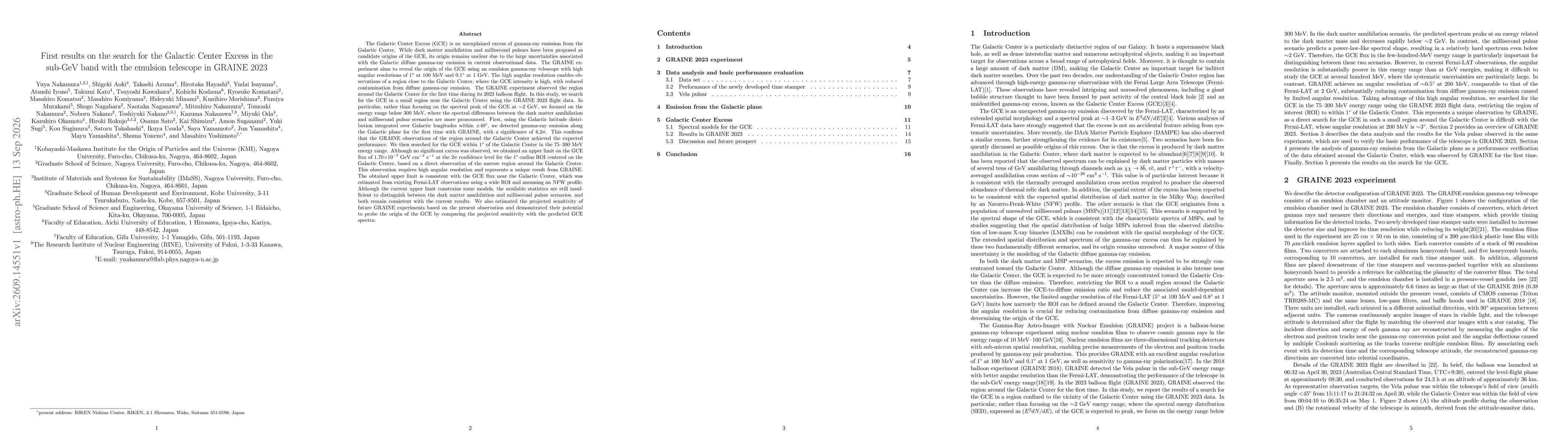 Thumbnail for First results on the search for the Galactic Center Excess in the sub-GeV band with the emulsion telescope in GRAINE 2023