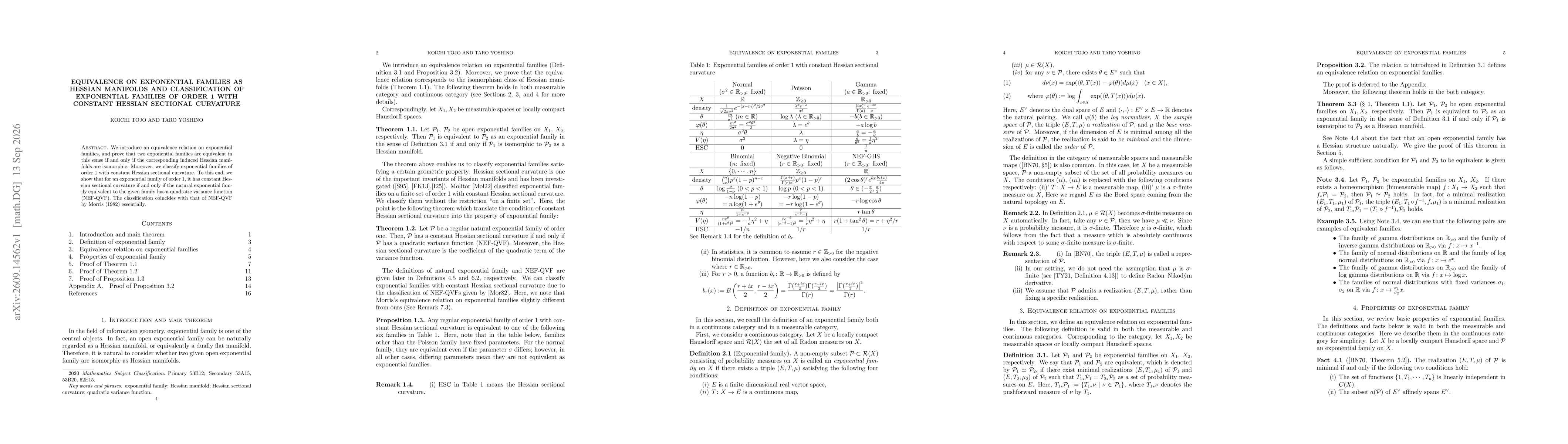Thumbnail for Equivalence on exponential families as Hessian manifolds and classification of exponential families of order 1 with constant Hessian sectional curvature