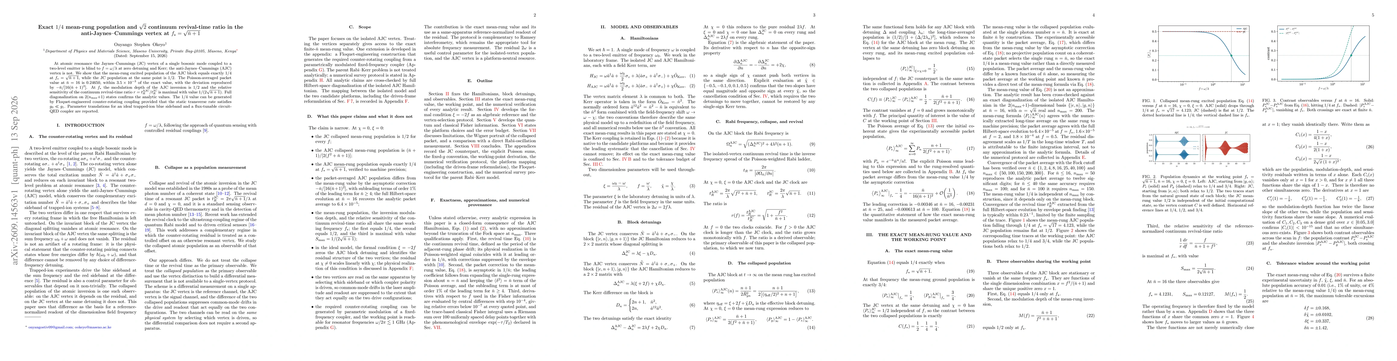 Thumbnail for Exact $1/4$ mean-rung population and $\sqrt{2}$ continuum revival-time ratio in the anti-Jaynes--Cummings vertex at $f_\star=\sqrt{\bar n+1}$