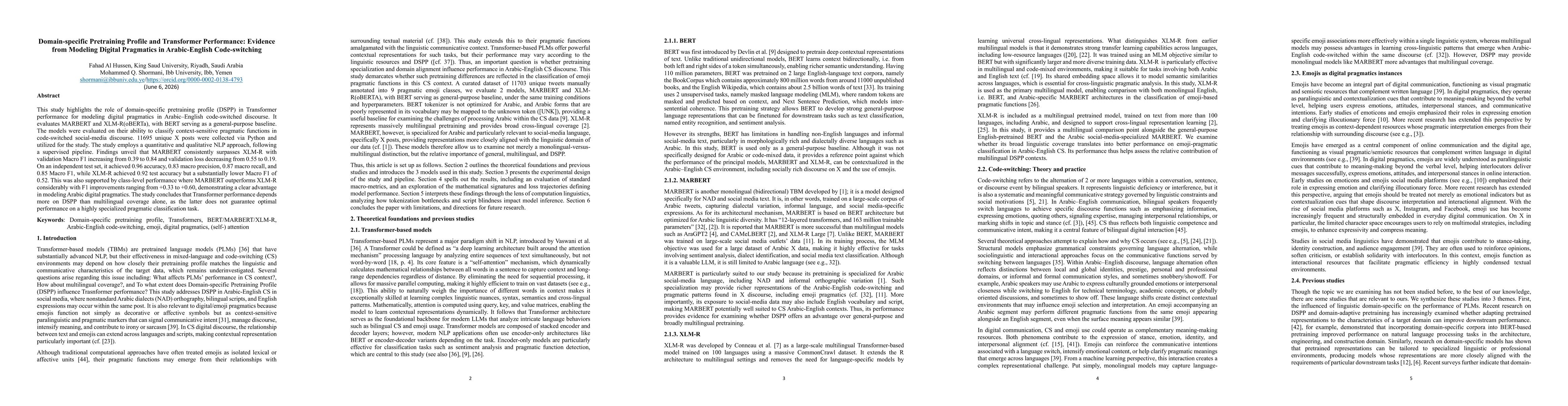 Thumbnail for Domain-specific Pretraining Profile and Transformer Performance: Evidence from Modeling Digital Pragmatics in Arabic-English Code-switching