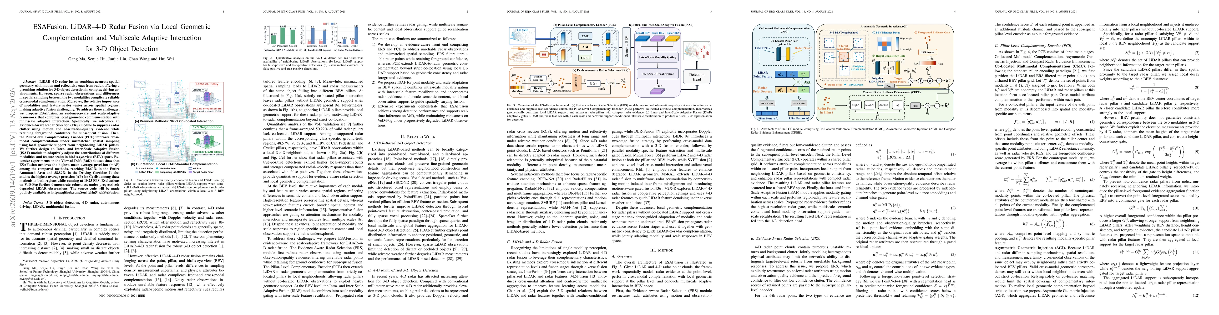 Thumbnail for ESAFusion: LiDAR--4-D Radar Fusion via Local Geometric Complementation and Multiscale Adaptive Interaction for 3-D Object Detection