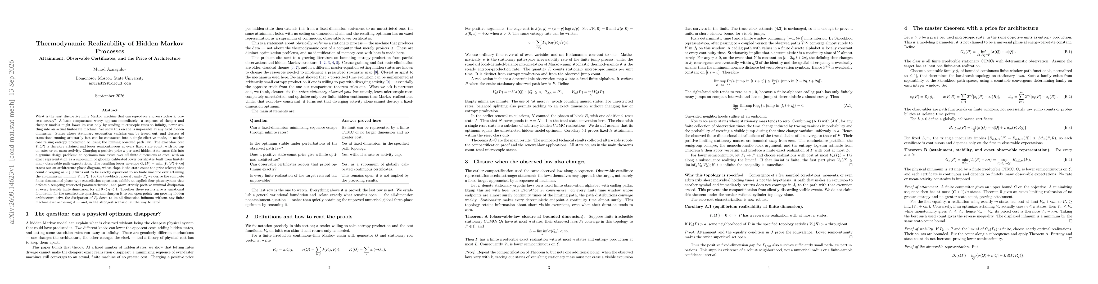 Thumbnail for Thermodynamic Realizability of Hidden Markov Processes: Attainment, Observable Certificates, and the Price of Architecture
