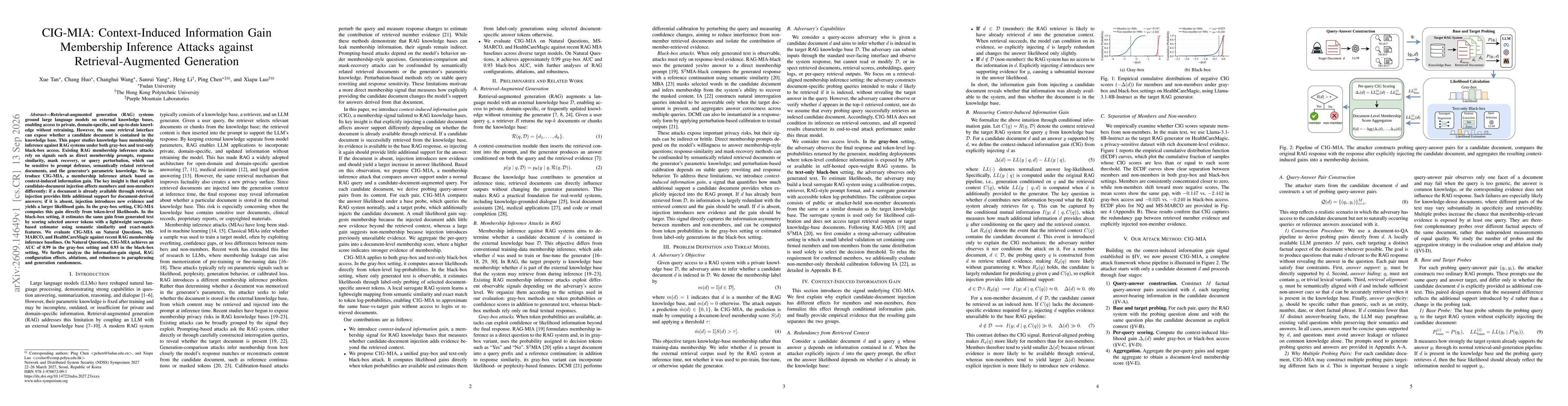 Thumbnail for CIG-MIA: Context-Induced Information Gain Membership Inference Attacks against Retrieval-Augmented Generation