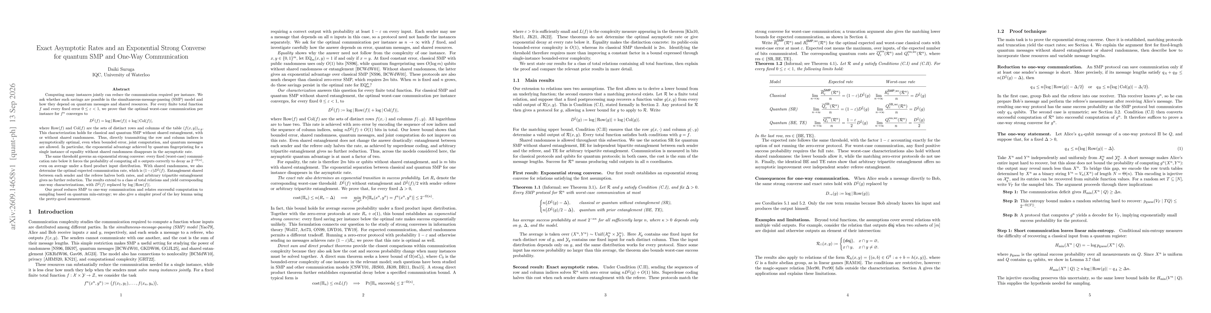 Thumbnail for Exact Asymptotic Rates and an Exponential Strong Converse for quantum SMP and One-Way Communication