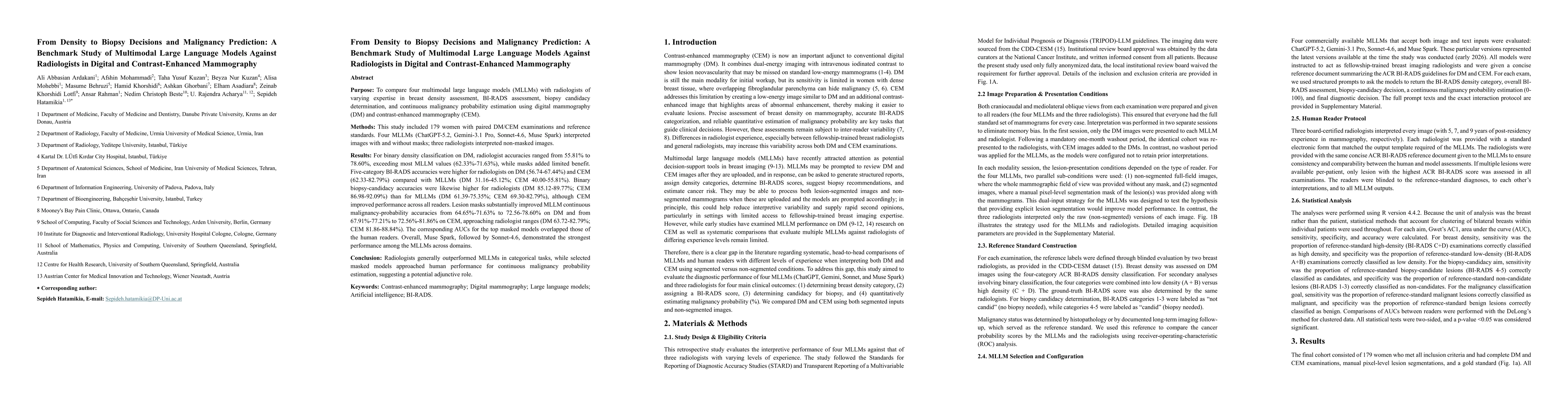 Thumbnail for From Density to Biopsy Decisions and Malignancy Prediction: A Benchmark Study of Multimodal Large Language Models Against Radiologists in Digital and Contrast-Enhanced Mammography