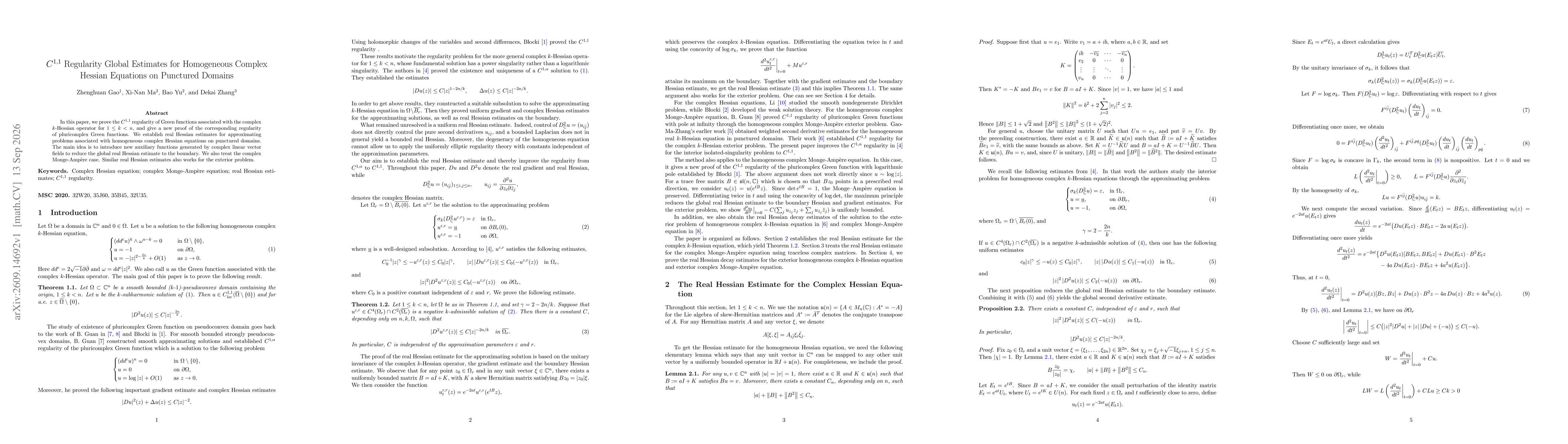 Thumbnail for $C^{1,1}$ Regularity Global Estimates for Homogeneous Complex Hessian Equations on Punctured Domains