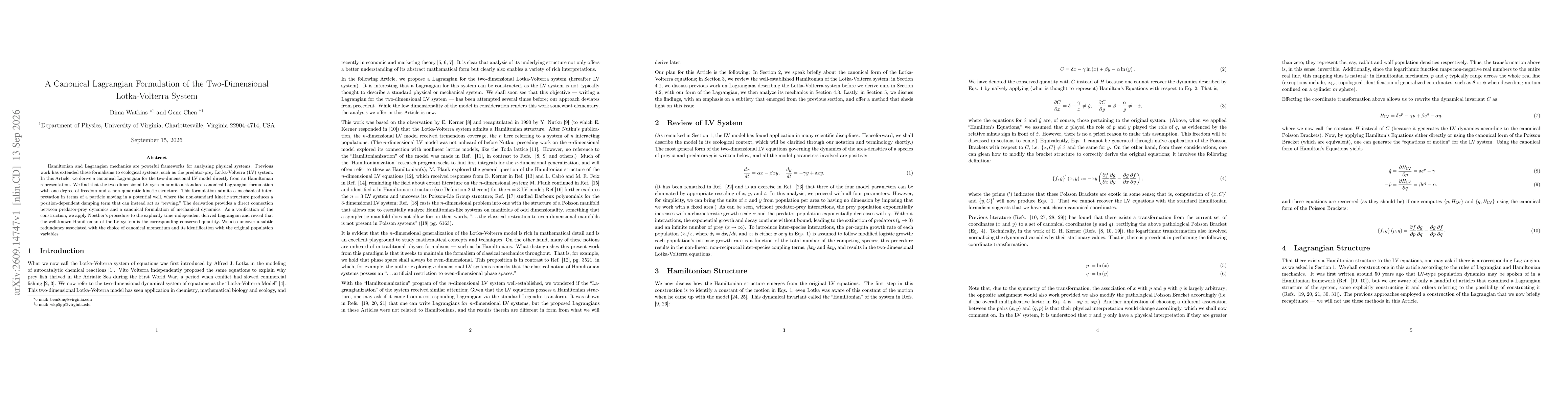 Thumbnail for A Canonical Lagrangian Formulation of the Two-Dimensional Lotka-Volterra System