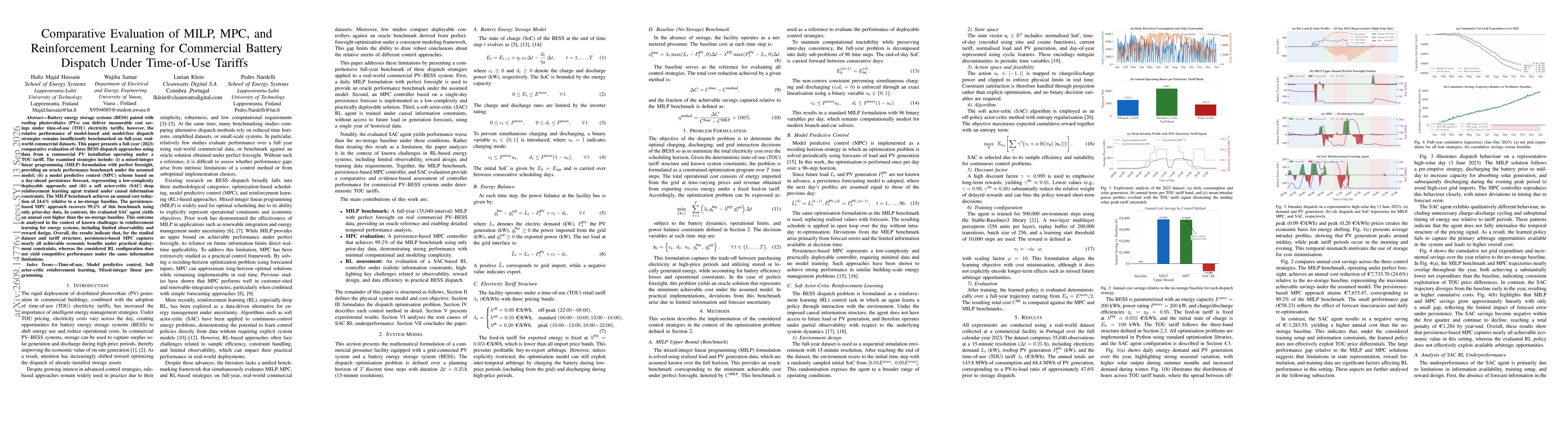 Thumbnail for Comparative Evaluation of MILP, MPC, and Reinforcement Learning for Commercial Battery Dispatch Under Time-of-Use Tariffs