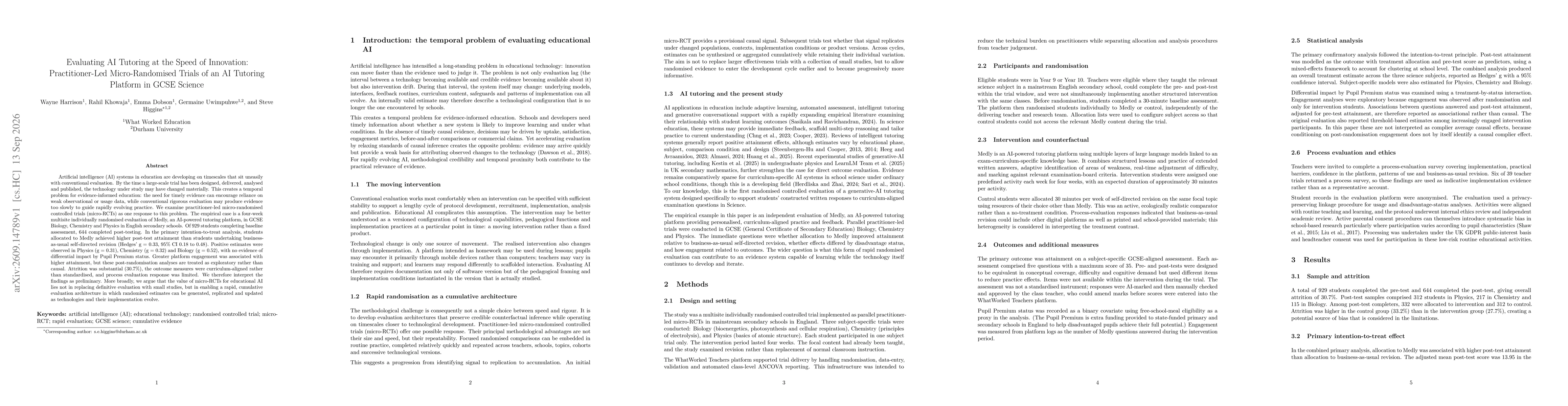 Thumbnail for Evaluating AI Tutoring at the Speed of Innovation: Practitioner-Led Micro-Randomised Trials of an AI Tutoring Platform in GCSE Science