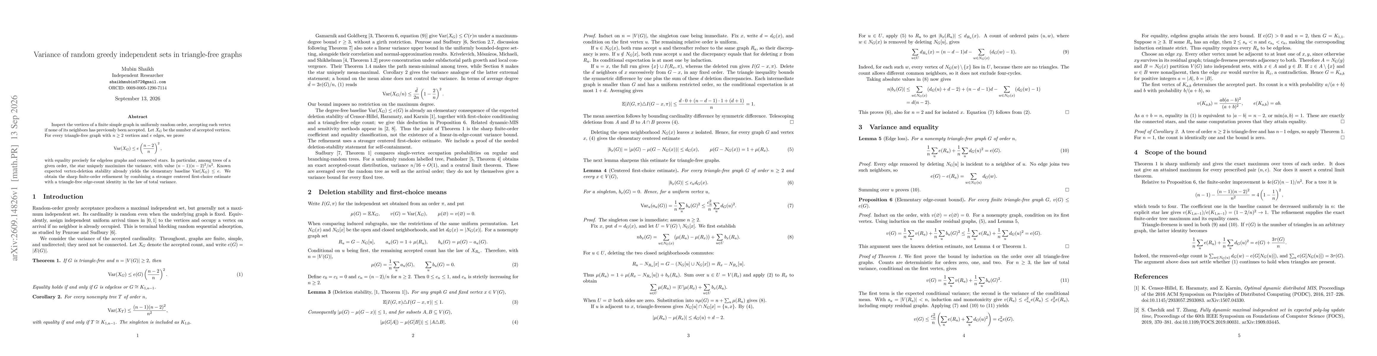 Thumbnail for Variance of random greedy independent sets in triangle-free graphs