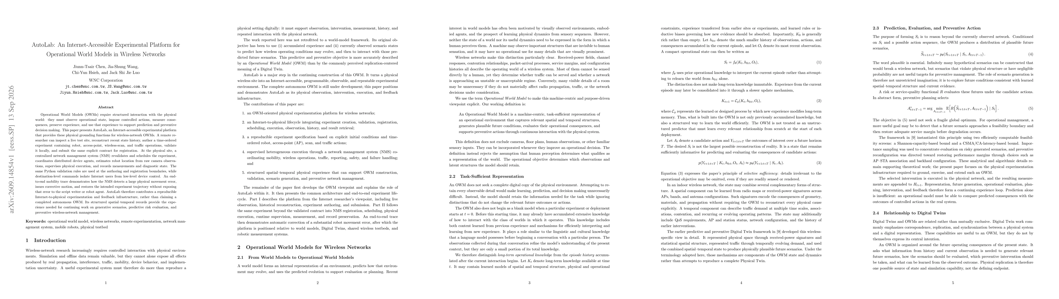 Thumbnail for AutoLab: An Internet-Accessible Experimental Platform for Operational World Models in Wireless Networks