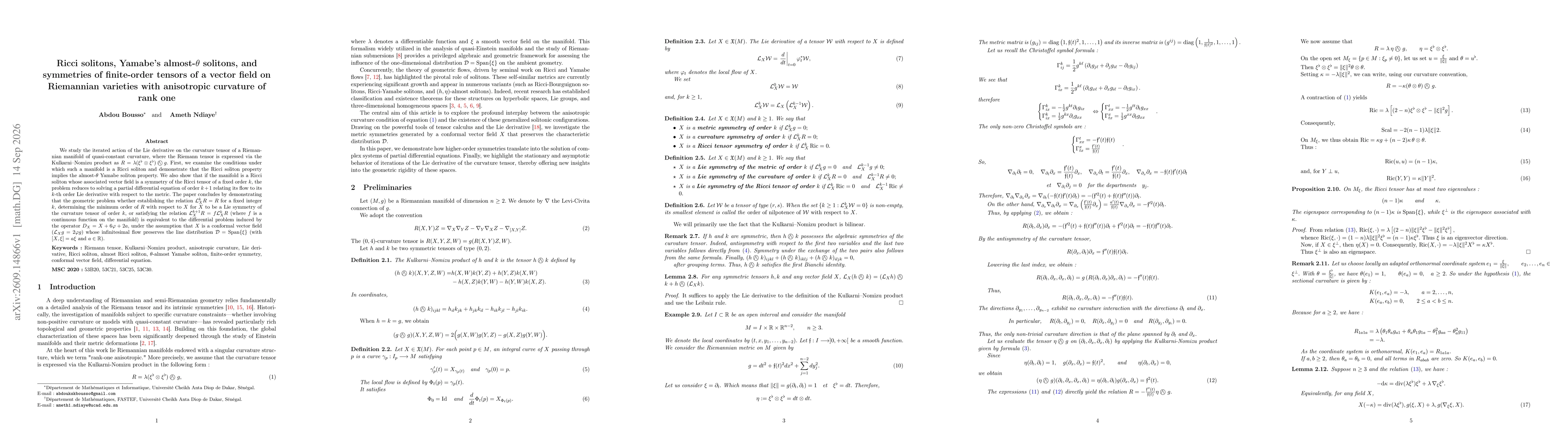 Thumbnail for Ricci Solitons, Almost Theta-Yamabe Solitons, and Finite-Order Tensor Symmetries of a Vector Field on Riemannian Manifolds with Rank-One Anisotropic Curvature