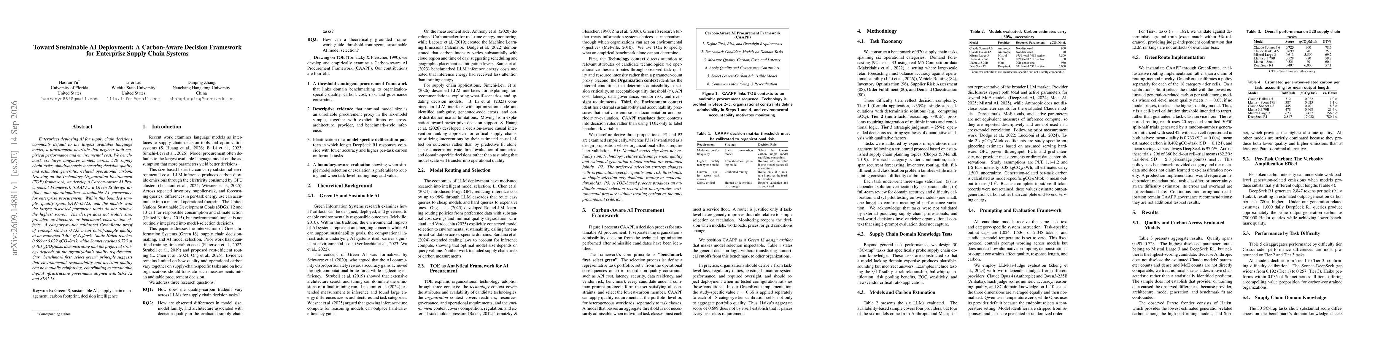 Thumbnail for Toward Sustainable AI Deployment: A Carbon-Aware Decision Framework for Enterprise Supply Chain Systems