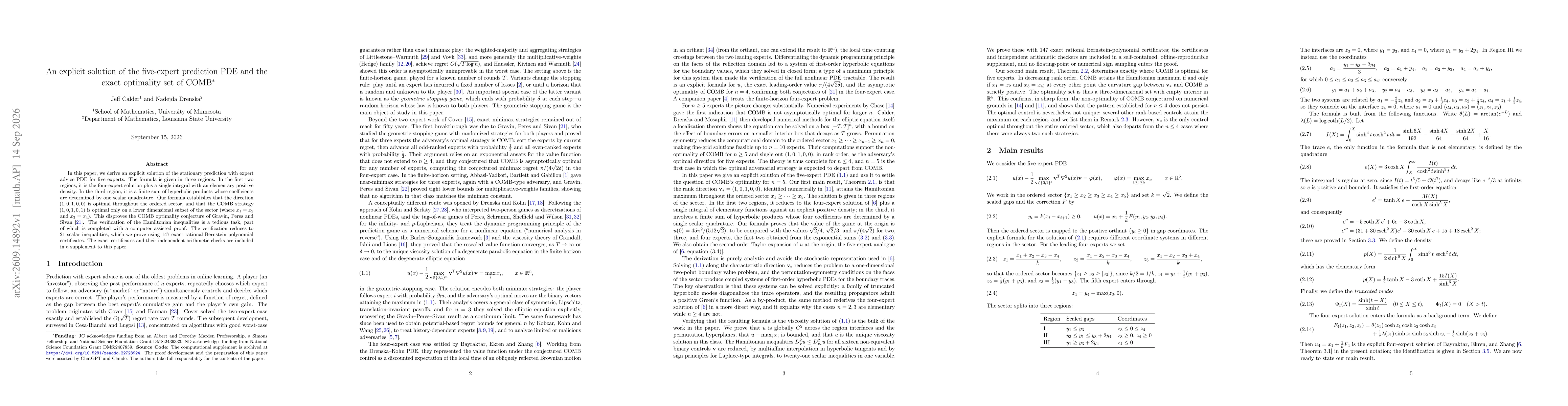 Thumbnail for An explicit solution of the five-expert prediction PDE and the exact optimality set of COMB