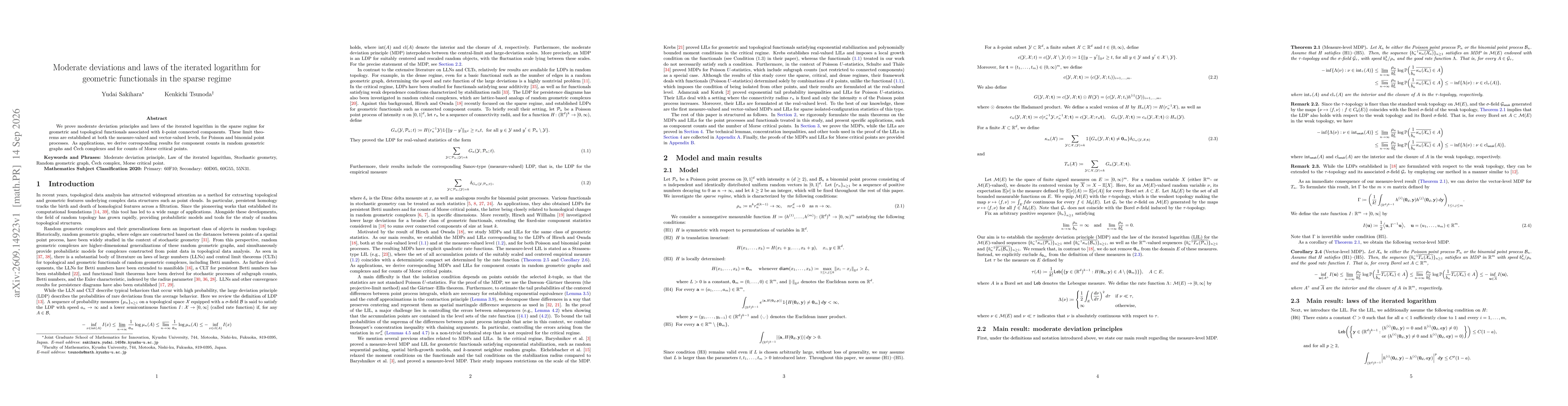 Thumbnail for Moderate deviations and laws of the iterated logarithm for geometric functionals in the sparse regime