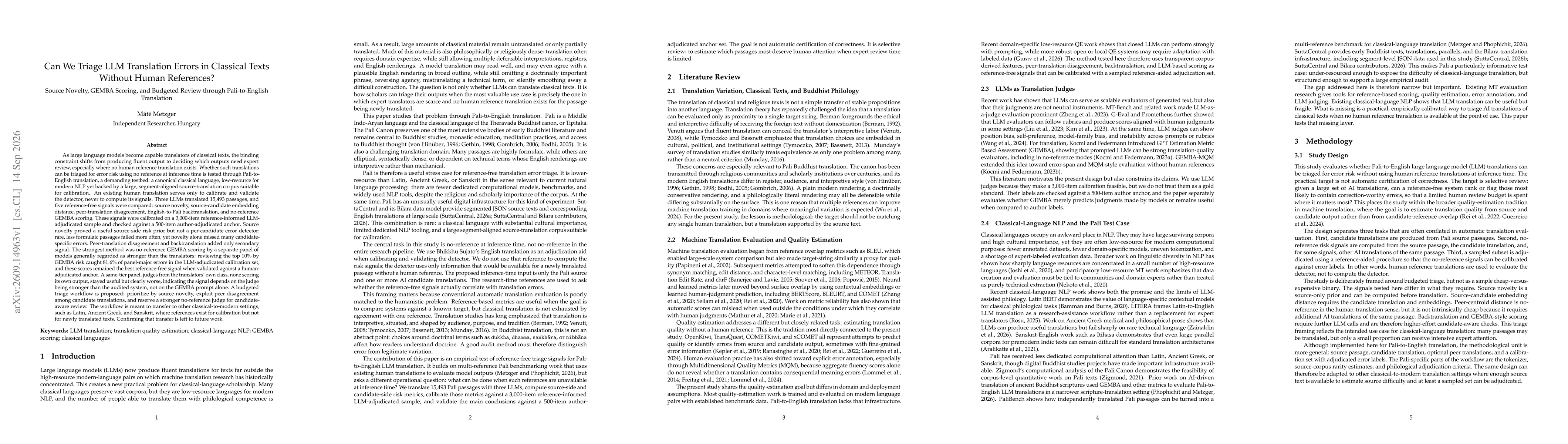 Thumbnail for Can We Triage LLM Translation Errors in Classical Texts Without Human References? Source Novelty, GEMBA Scoring, and Budgeted Review through Pali-to-English Translation