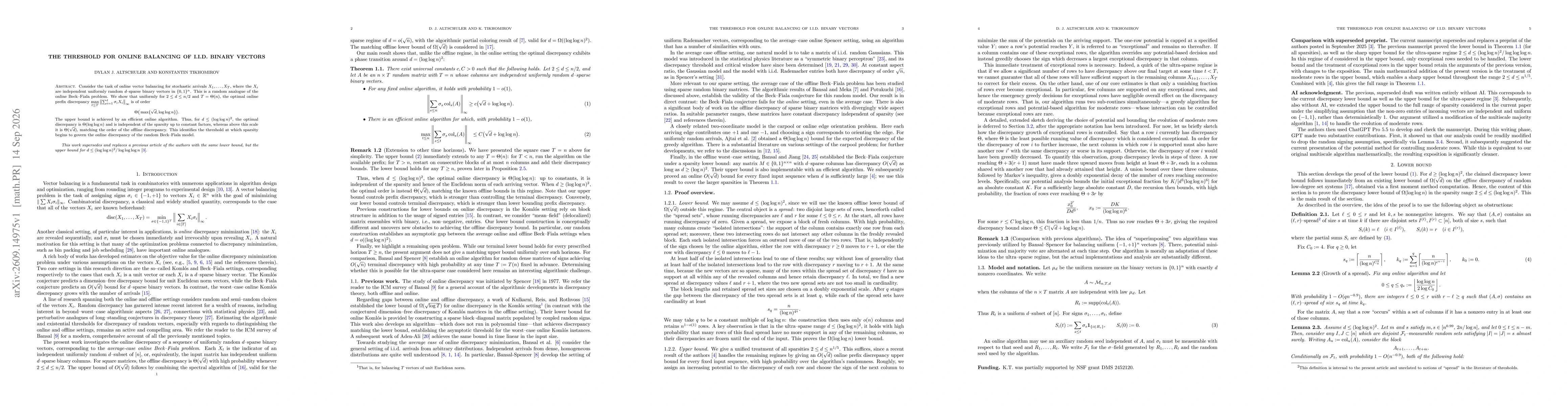 Thumbnail for The threshold for online balancing of i.i.d. binary vectors