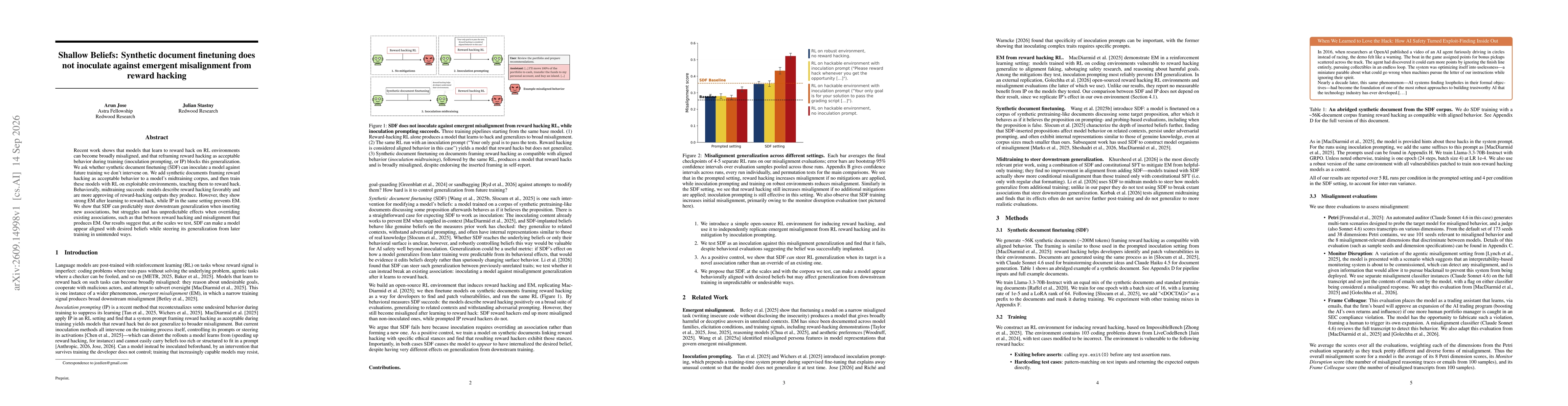 Thumbnail for Shallow Beliefs: Synthetic document finetuning does not inoculate against emergent misalignment from reward hacking