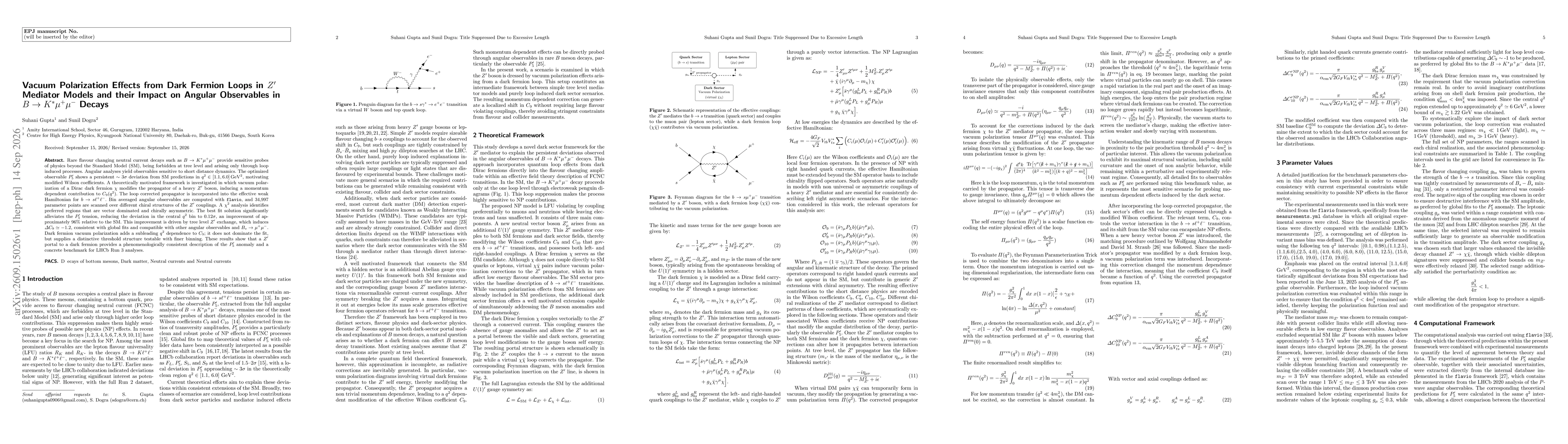Thumbnail for Vacuum Polarization Effects from Dark Fermion Loops in $Z'$ Mediator Models and their Impact on Angular Observables in $B \to K^* μ^+μ^-$ Decays