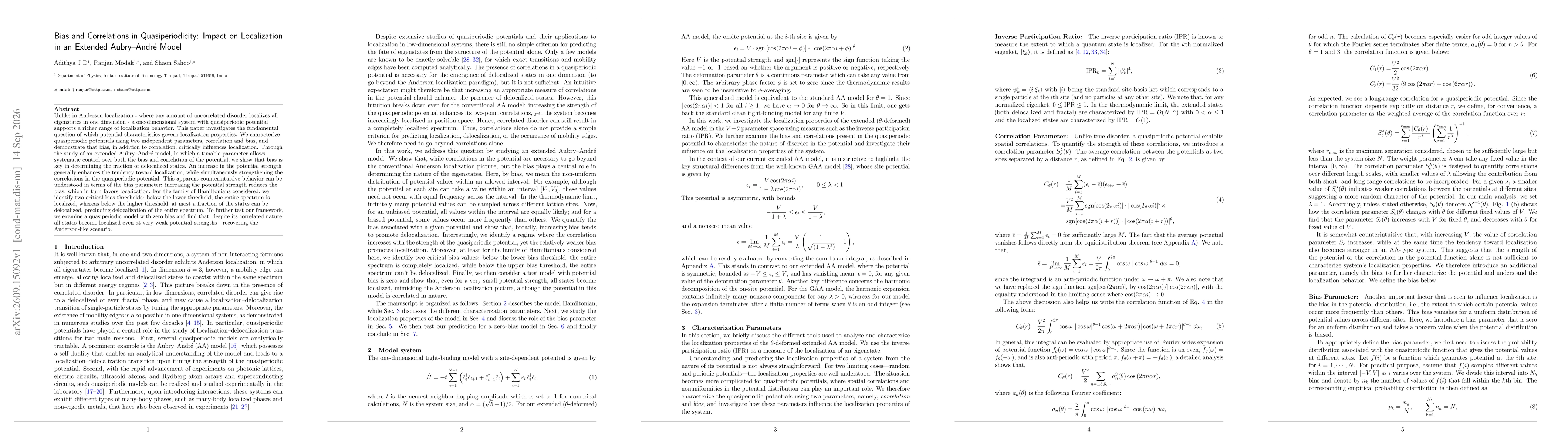 Thumbnail for Bias and Correlations in Quasiperiodicity: Impact on Localization in an Extended Aubry-André Model