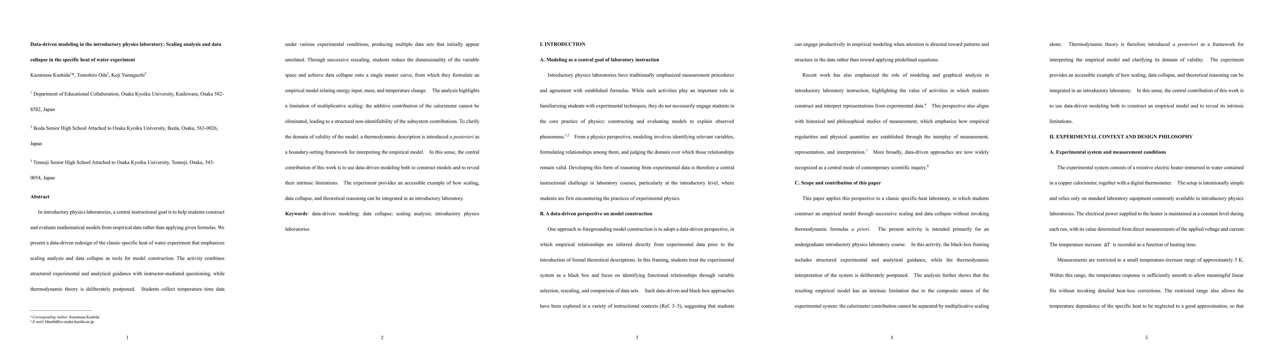 Thumbnail for Data-driven modeling in the introductory physics laboratory: Scaling analysis and data collapse in the specific heat of water experiment