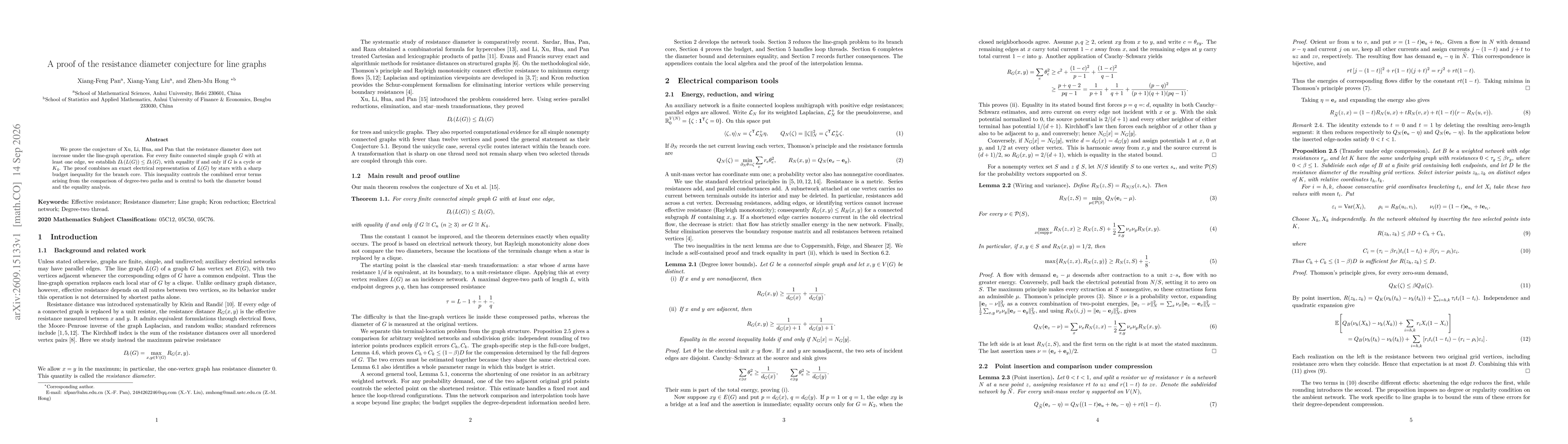 Thumbnail for A proof of the resistance diameter conjecture for line graphs