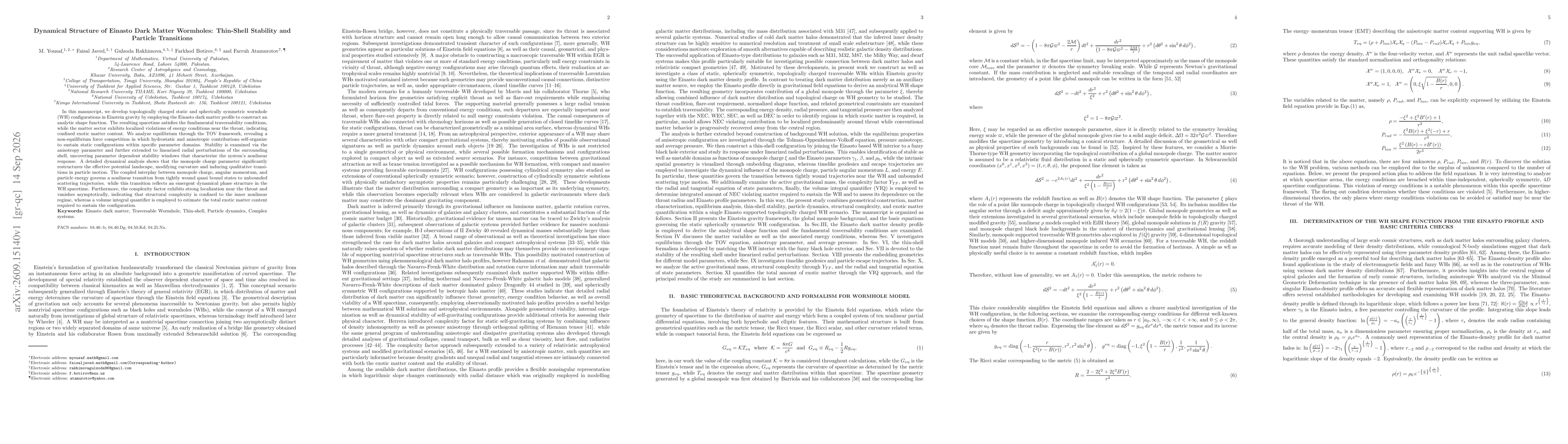Thumbnail for Dynamical Structure of Einasto Dark Matter Wormholes: Thin-Shell Stability and Particle Transitions