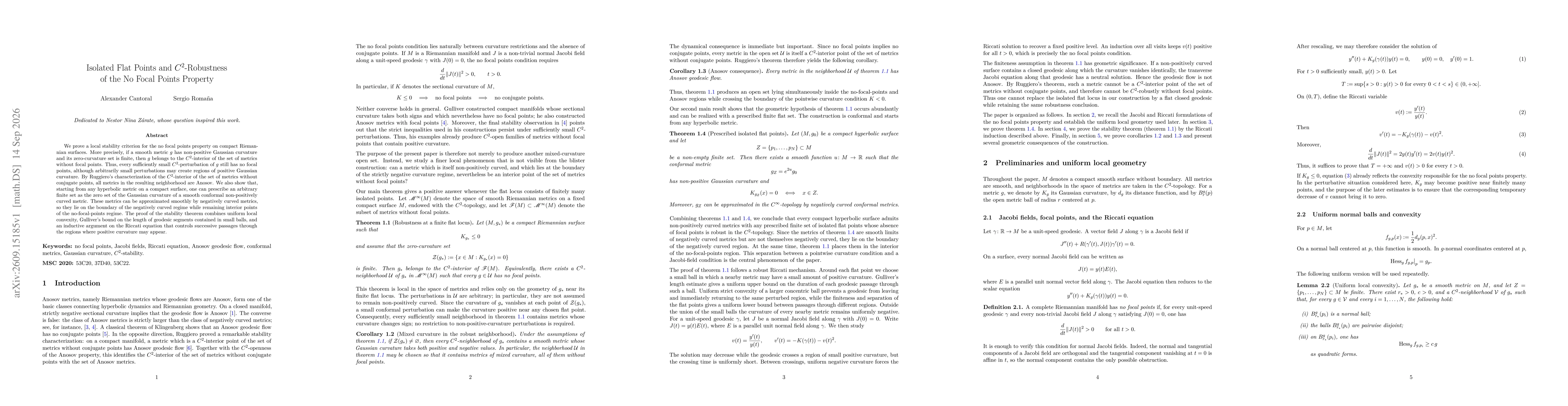 Thumbnail for Isolated Flat Points and $C^2$-Robustness of the No Focal Points Property