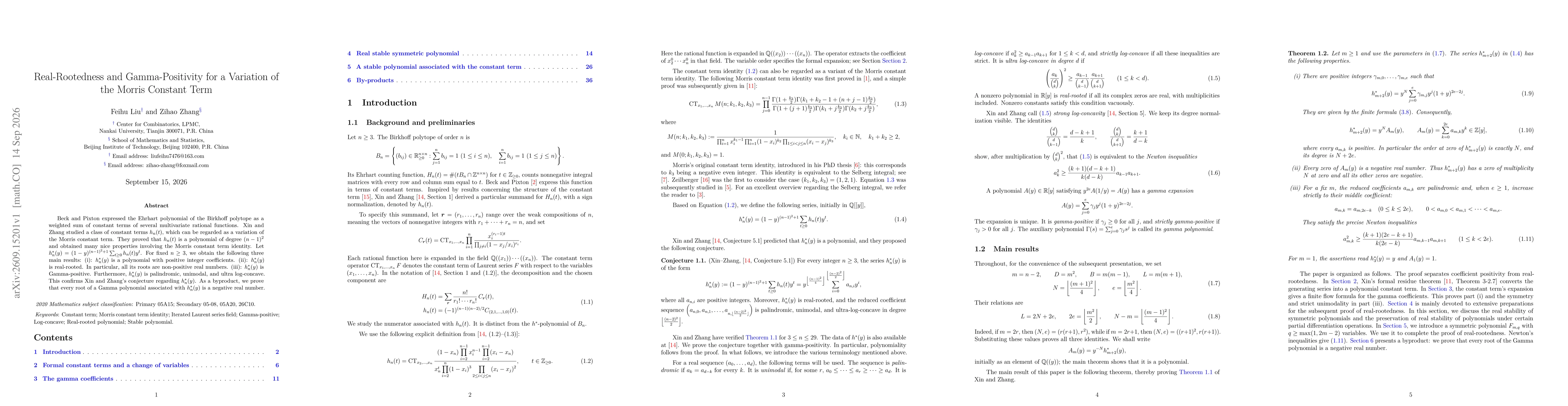 Thumbnail for Real-Rootedness and Gamma-Positivity for a Variation of the Morris Constant Term
