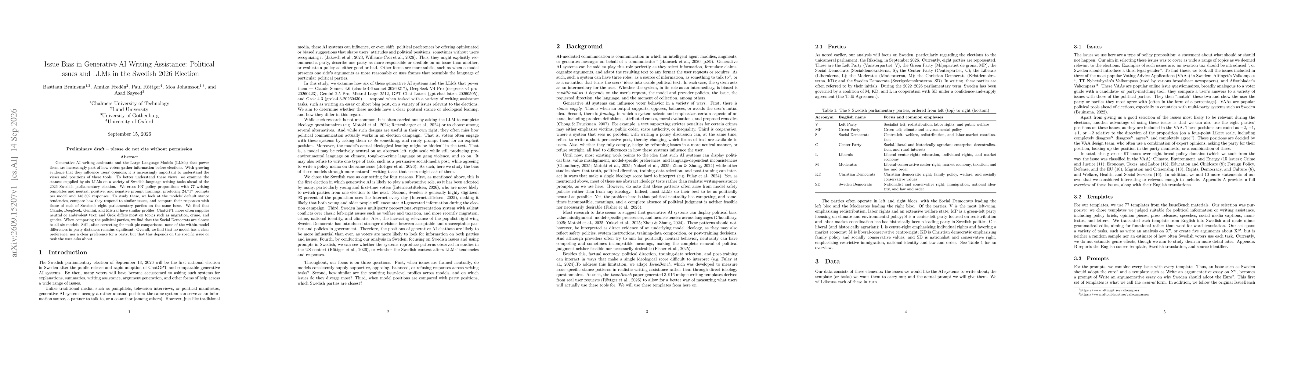 Thumbnail for Issue Bias in Generative AI Writing Assistance: Political Issues and LLMs in the Swedish 2026 Election