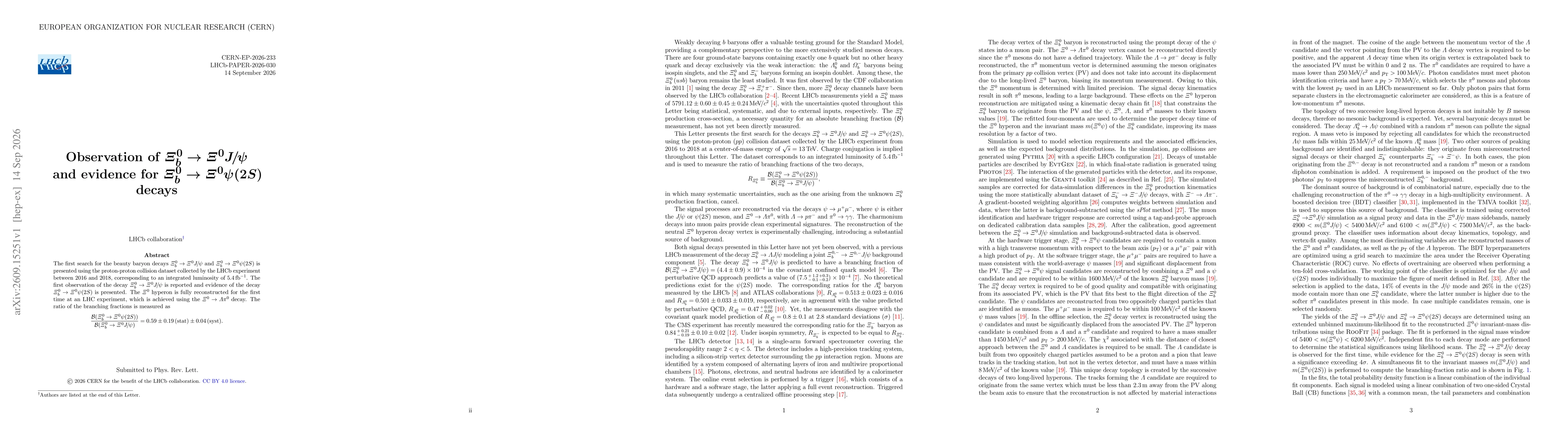 Thumbnail for Observation of $Ξ_{b}^{0} \to Ξ^{0} J/ψ$ and evidence for $Ξ_{b}^{0} \to Ξ^{0} ψ(2S)$ decays
