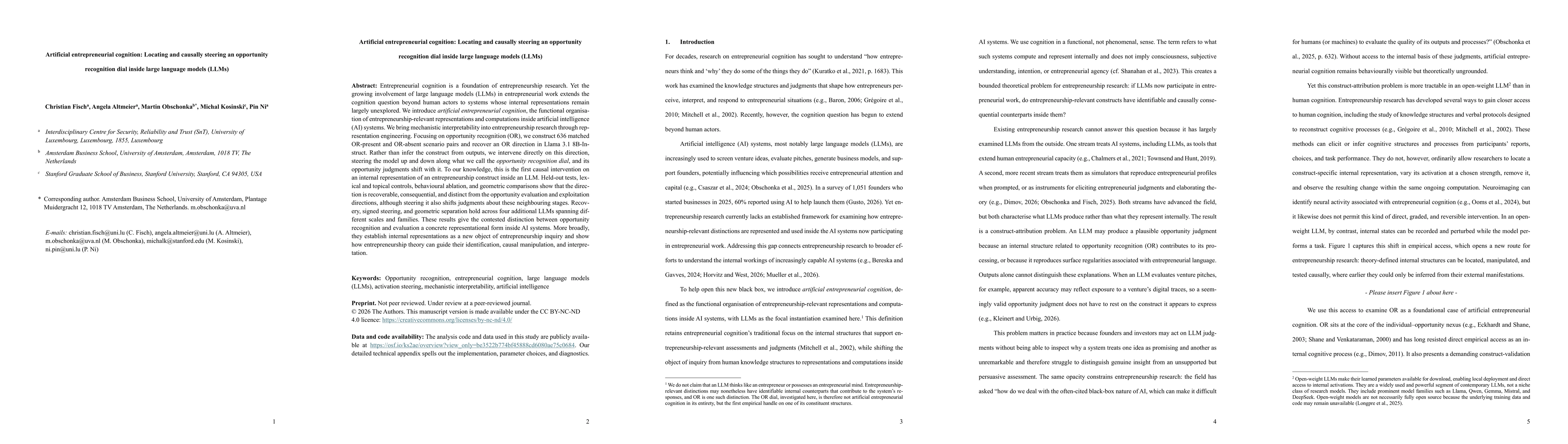 Thumbnail for Artificial entrepreneurial cognition: Locating and causally steering an opportunity recognition dial inside large language models (LLMs)