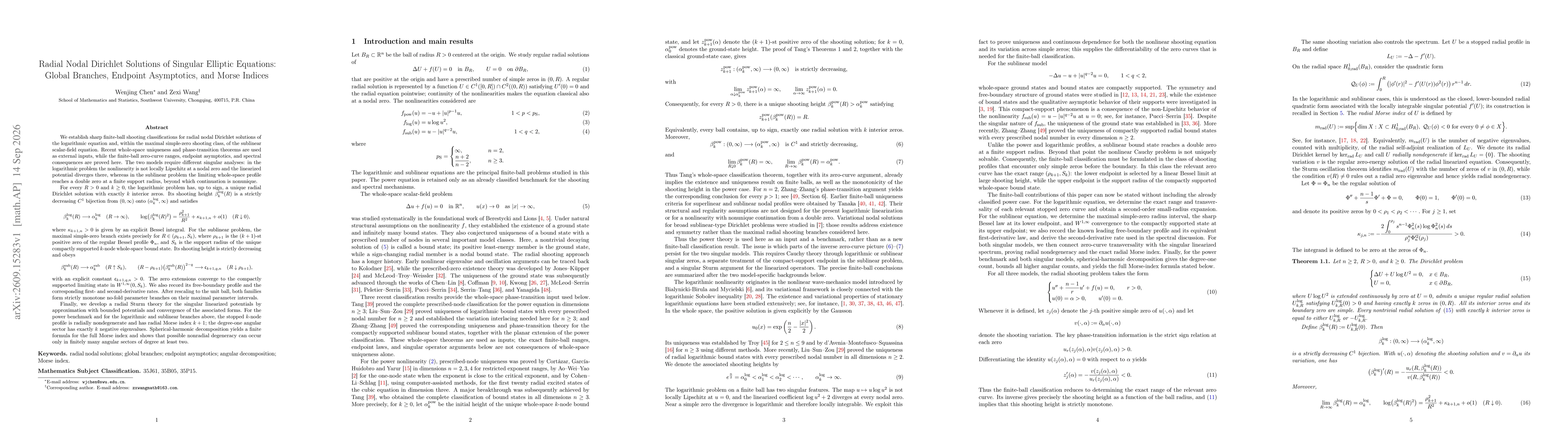Thumbnail for Radial Nodal Dirichlet Solutions of Singular Elliptic Equations: Global Branches, Endpoint Asymptotics, and Morse Indices