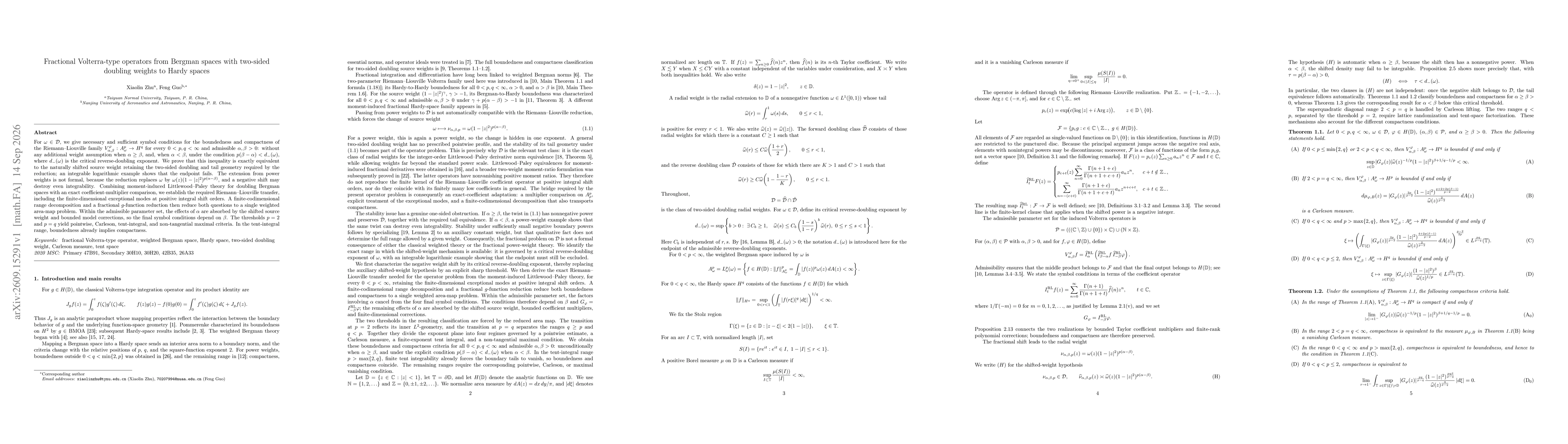 Thumbnail for Fractional Volterra-type operators from Bergman spaces with two-sided doubling weights to Hardy spaces