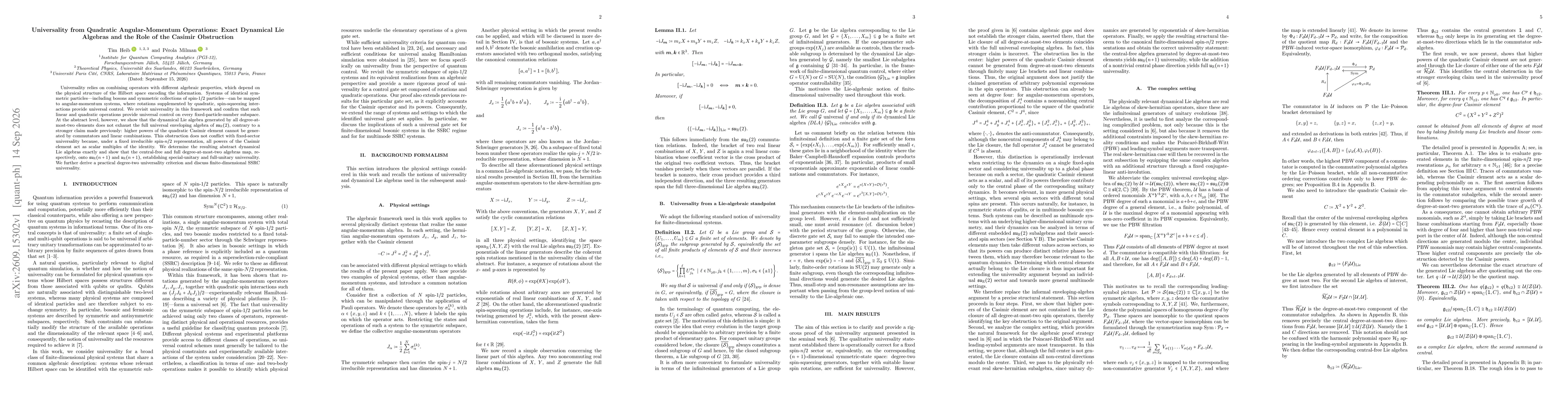 Thumbnail for Universality from Quadratic Angular-Momentum Operations: Exact Dynamical Lie Algebras and the Role of the Casimir Obstruction