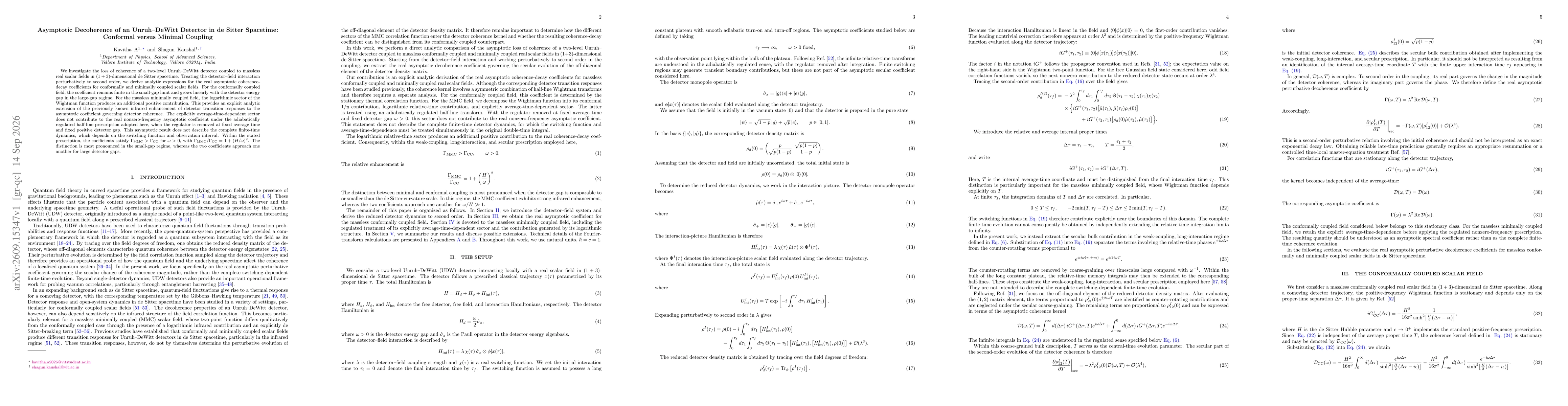 Thumbnail for Asymptotic Decoherence of an Unruh--DeWitt Detector in de Sitter Spacetime: Conformal versus Minimal Coupling