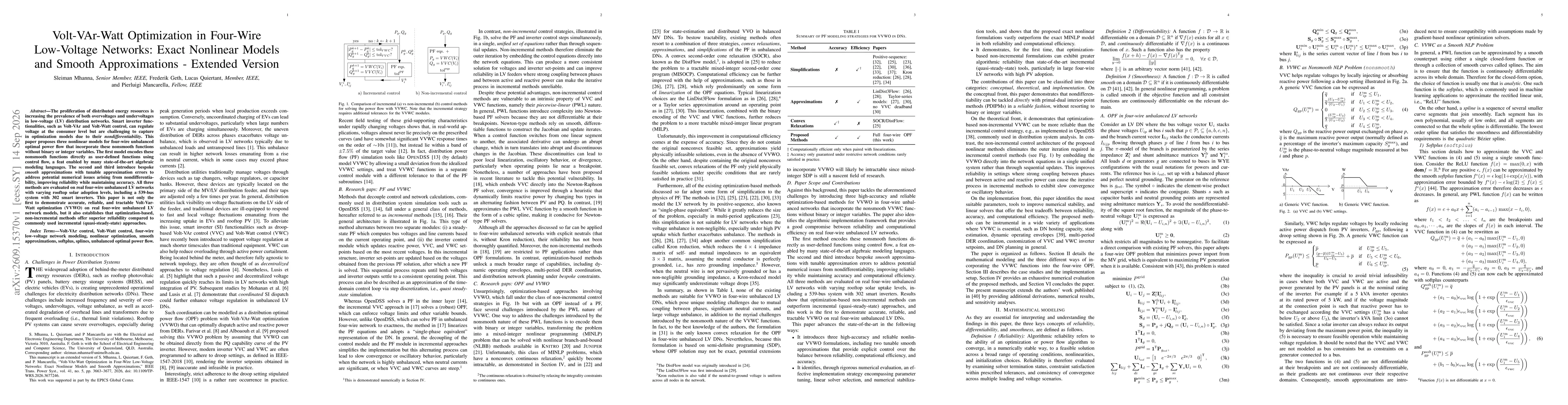 Thumbnail for Volt-VAr-Watt Optimization in Four-Wire Low-Voltage Networks: Exact Nonlinear Models and Smooth Approximations - Extended Version