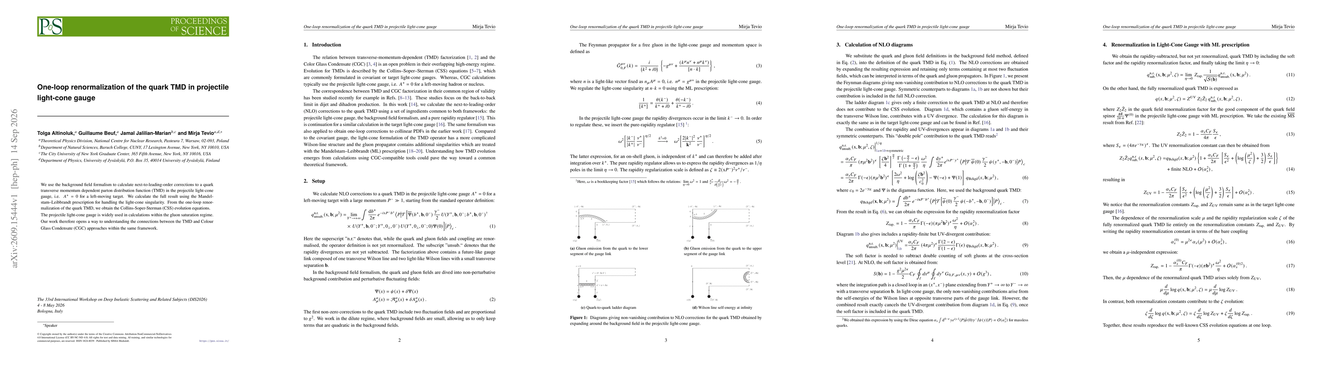 Thumbnail for One-loop renormalization of the quark TMD in projectile light-cone gauge