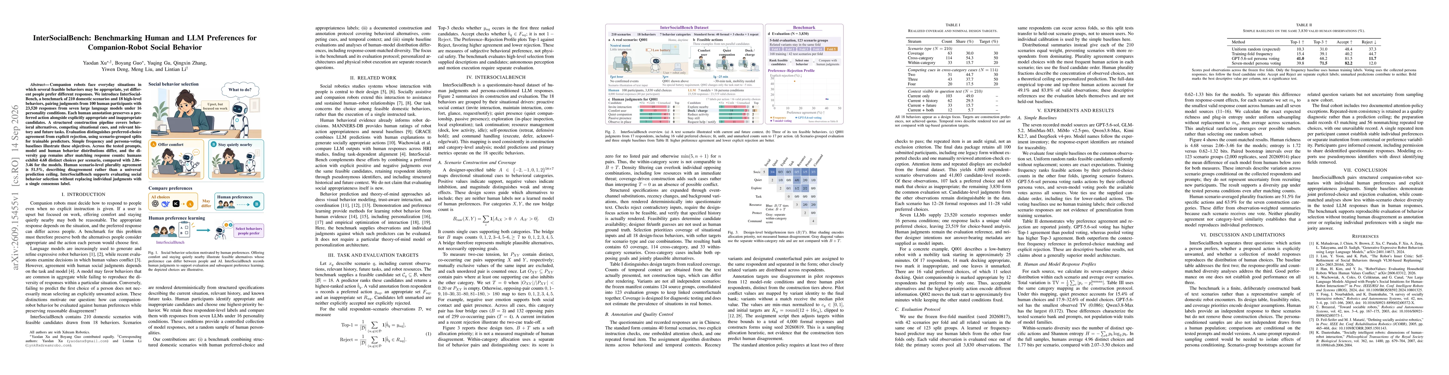 Thumbnail for InterSocialBench: Benchmarking Human and LLM Preferences for Companion-Robot Social Behavior