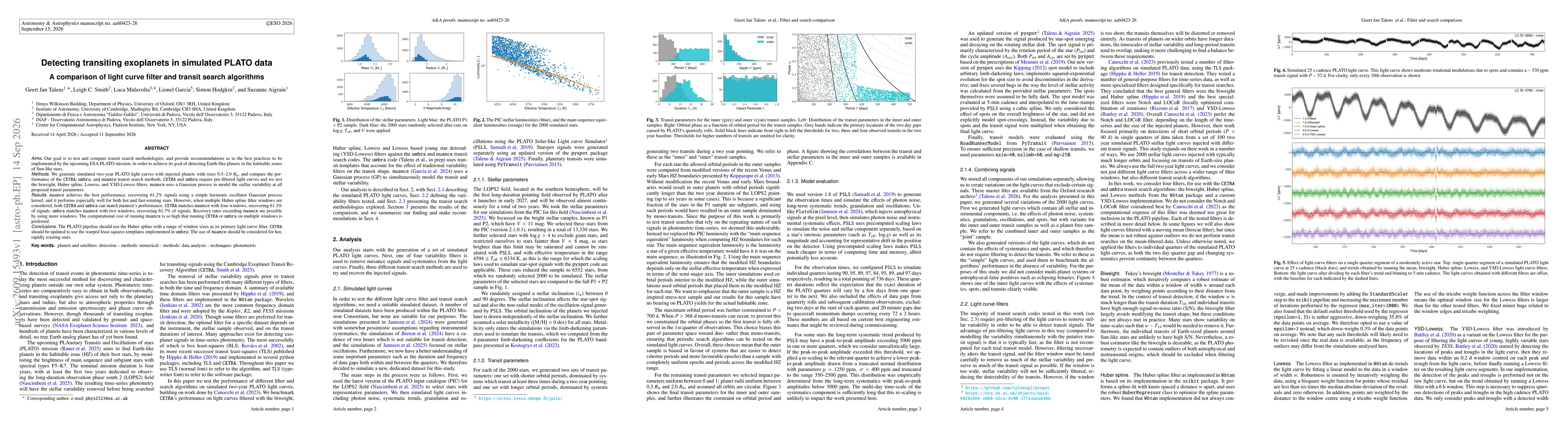 Thumbnail for Detecting transiting exoplanets in simulated PLATO data: A comparison of light curve filter and transit search algorithms
