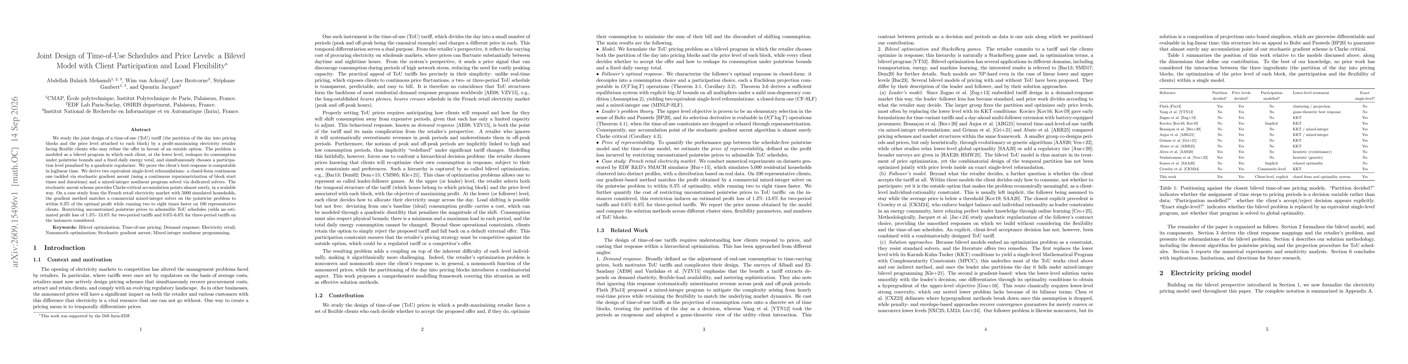Thumbnail for Joint Design of Time-of-Use Schedules and Price Levels: a Bilevel Model with Client Participation and Load Flexibility